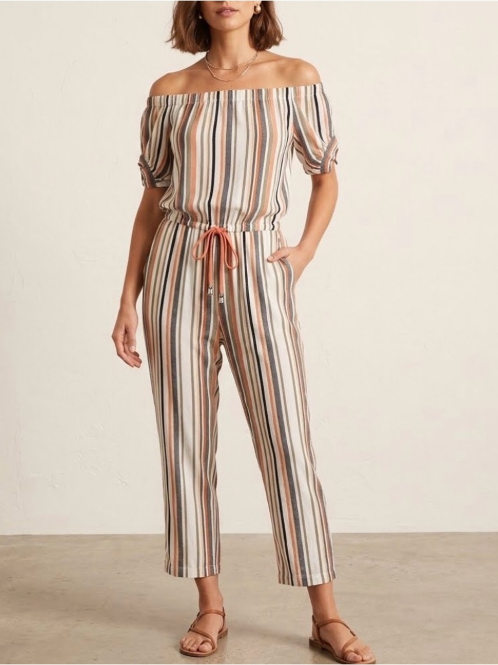 Blush Striped Off-Shoulder Jumpsuit in Cream, Peach & Gray Size 1X